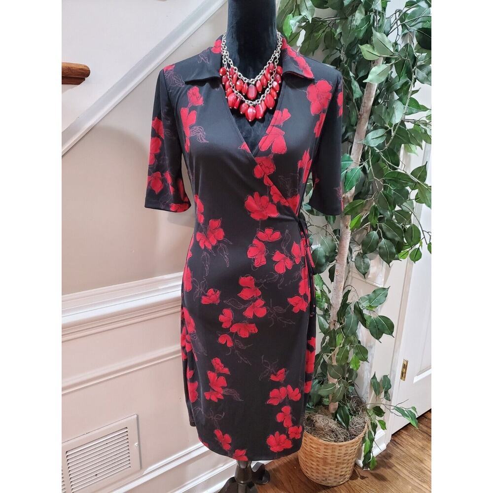 California Concepts Polyester Collared Half Sleeve Knee Length Full Wrap Dress S